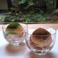 抹茶ミックスとほうじ茶ミックス、アイスクリームに降りかける  西洞院店撮影